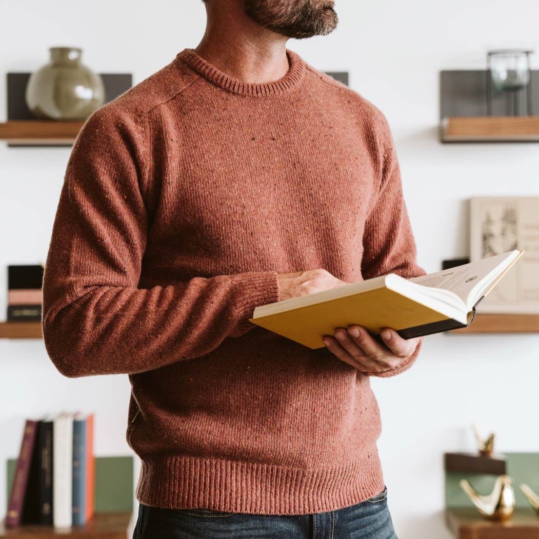 Man wearing the Buffalo Jackson Crewneck Wool Sweater in Sunset Fleck