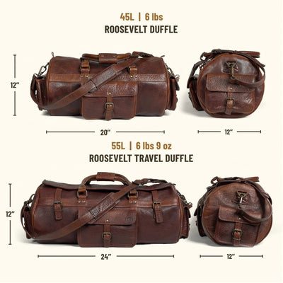 Brown leather duffel bags with 12" x 20" and 45 L measurements and 12"x24" with 55L