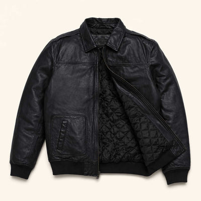 Black leather Maverick bomber worn without sherpa collar, showing clean ribbed knit collar and lambskin neckline