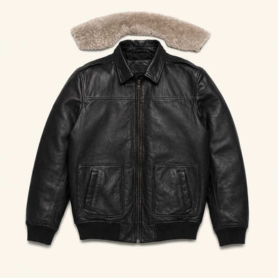 Close-up of detachable sherpa collar on black leather bomber jacket, button-on snap system for adjustable warmth