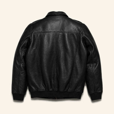 Back view of men's black lambskin bomber jacket with classic aviator silhouette and broken-in vintage finish