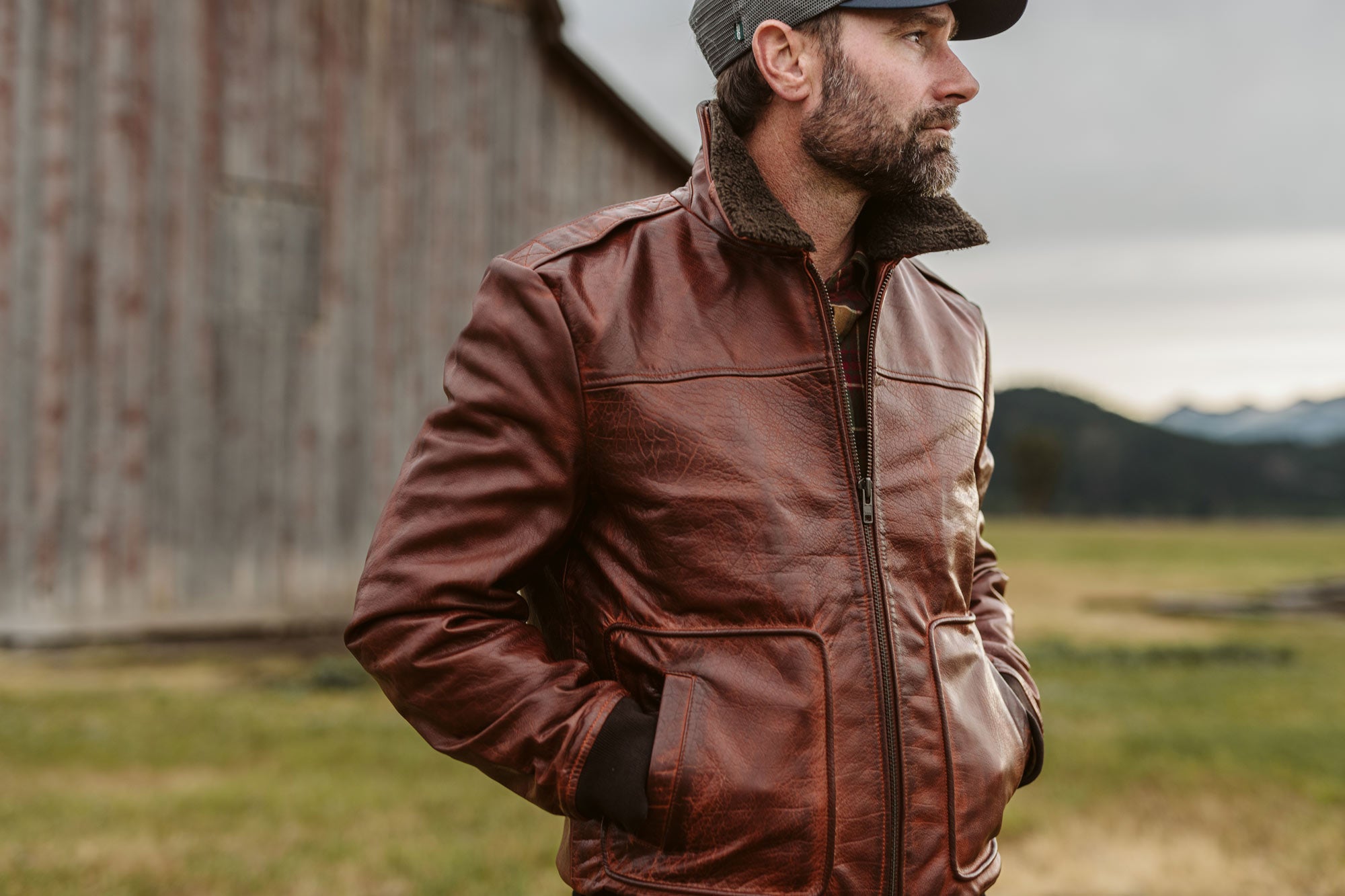 Rich Patina Buffalo Grain - Leather Texture on the Bomber Jacket by Buffalo Jackson