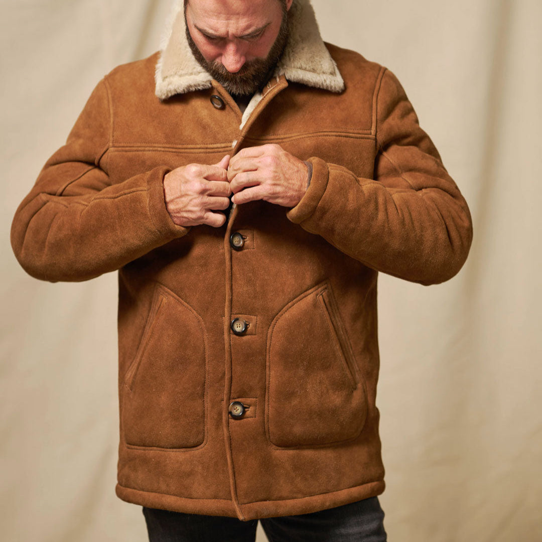 Turkish Shearling Wool Jacket Coat with Suede Brown Finish