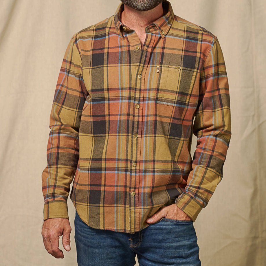 Fabric texture close-up Fairbanks Flannel Shirt Canyon Timber Plaid showing pre-washed softness and weave