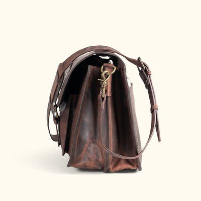 Side View - Premium dark oak leather briefcase with a vintage look, complete with detailed stitching and practical compartments.