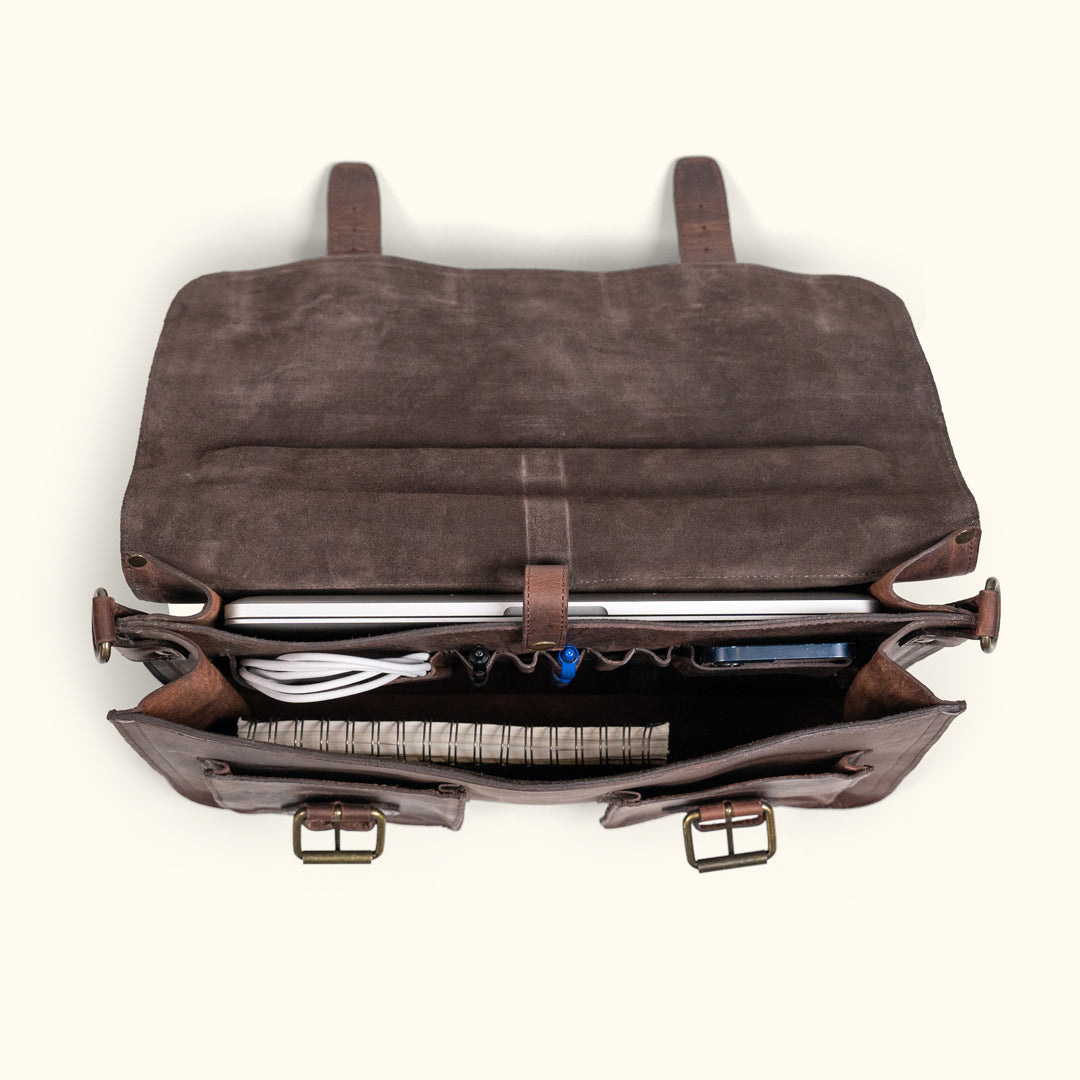 Vintage-inspired dark oak leather briefcase with detailed stitching and sturdy handle for daily use - Interior - Suede Lining - Organizing for Laptop, Pens, Cords, Books