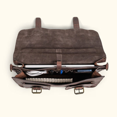 Vintage-inspired dark oak leather briefcase with detailed stitching and sturdy handle for daily use - Interior - Suede Lining - Organizing for Laptop, Pens, Cords, Books