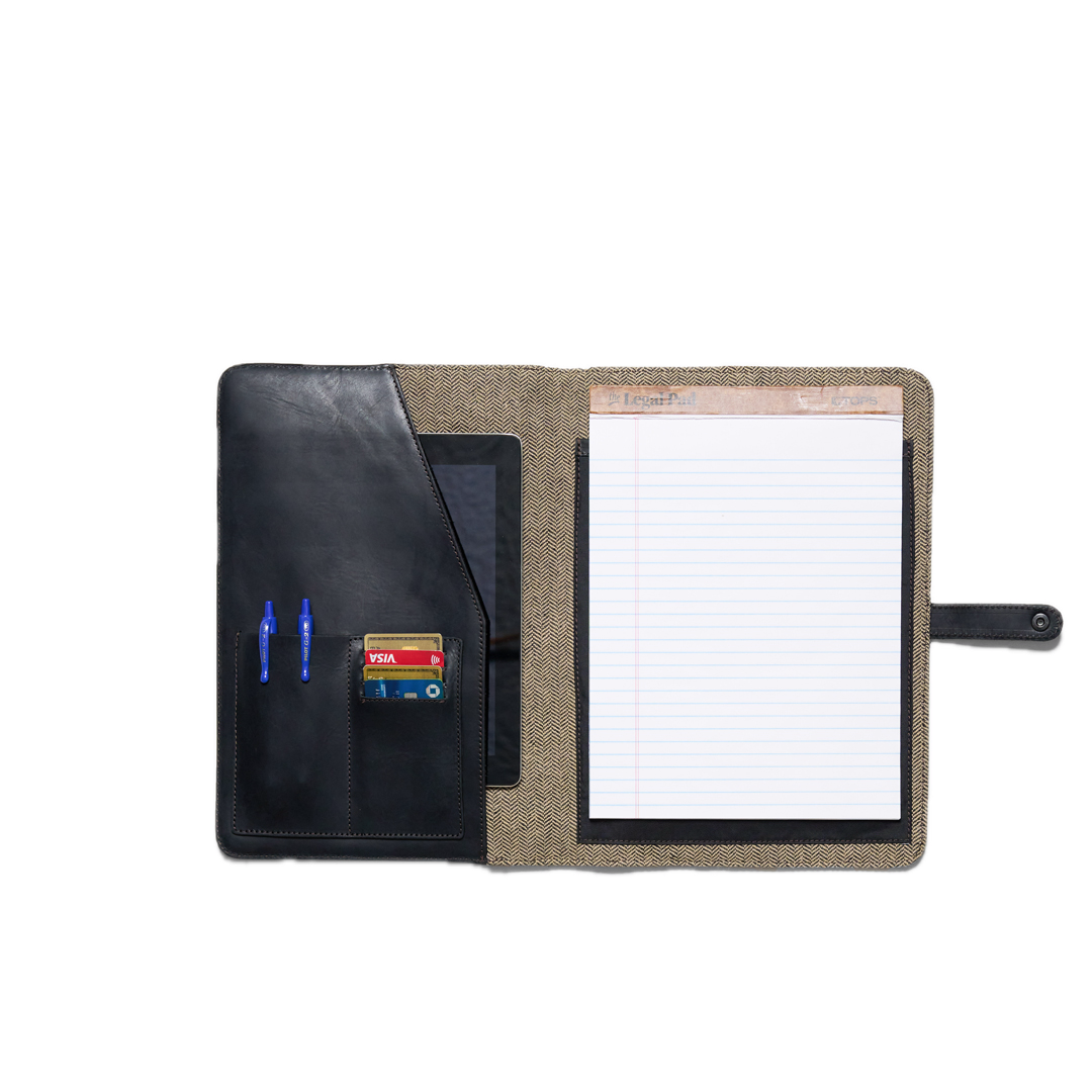 Folio case with pen holder, card slot, and notepad on a white background