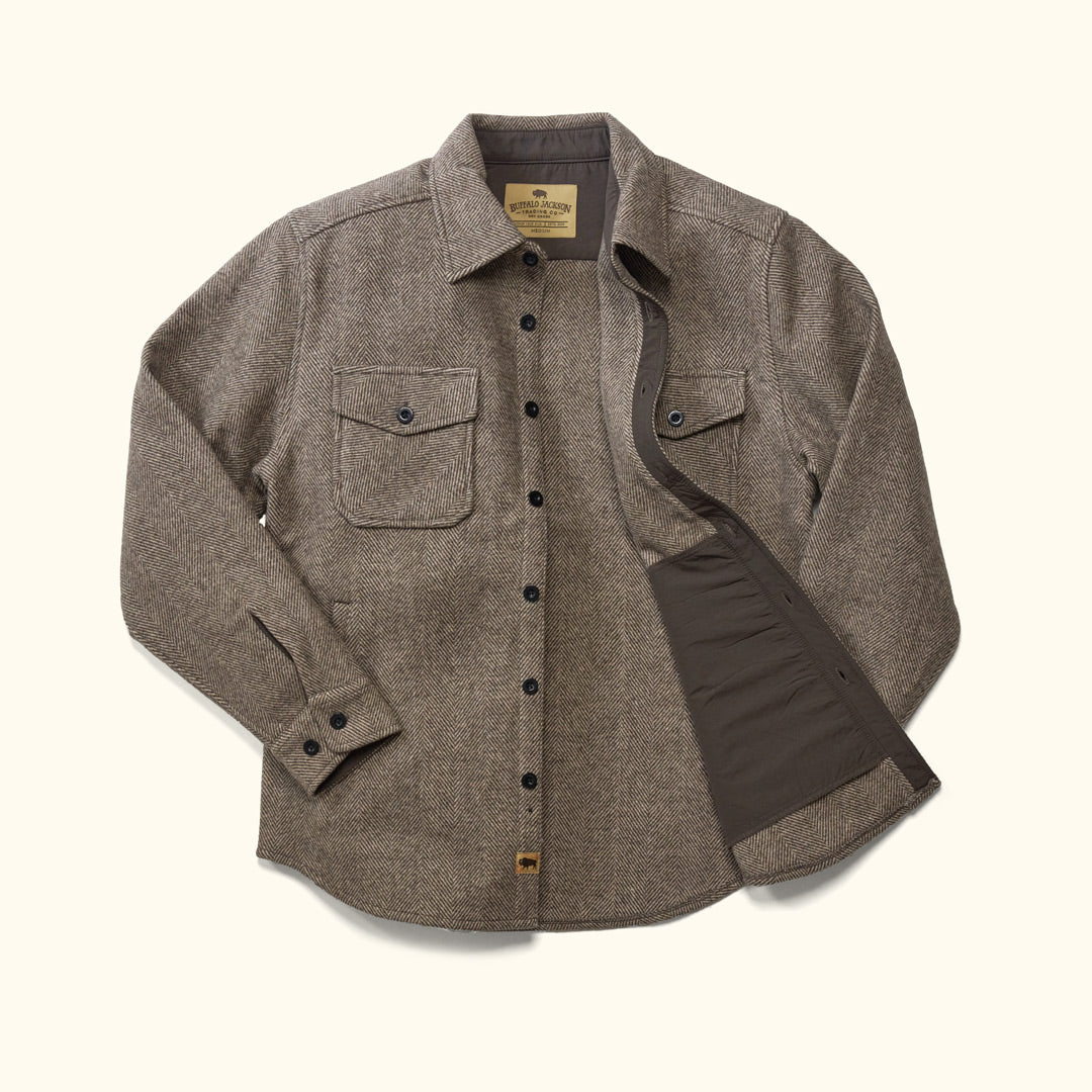 Interior hem and trim detail of Riverton Wool Shirt Jac Charcoal Shadow Gray – subtle interior nylon reinforcement