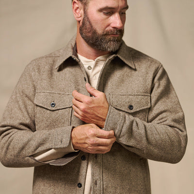 Detail of cuff and sleeve seam on Riverton Wool Shirt Jac in Charcoal Shadow Gray – classic workwear fit