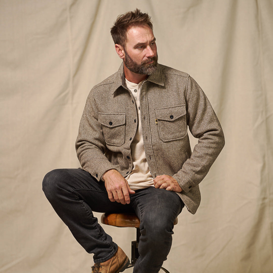Fit view of model wearing Riverton Wool Shirt Jac Charcoal Shadow Gray – modern straight cut shirt jac with classic workwear proportions