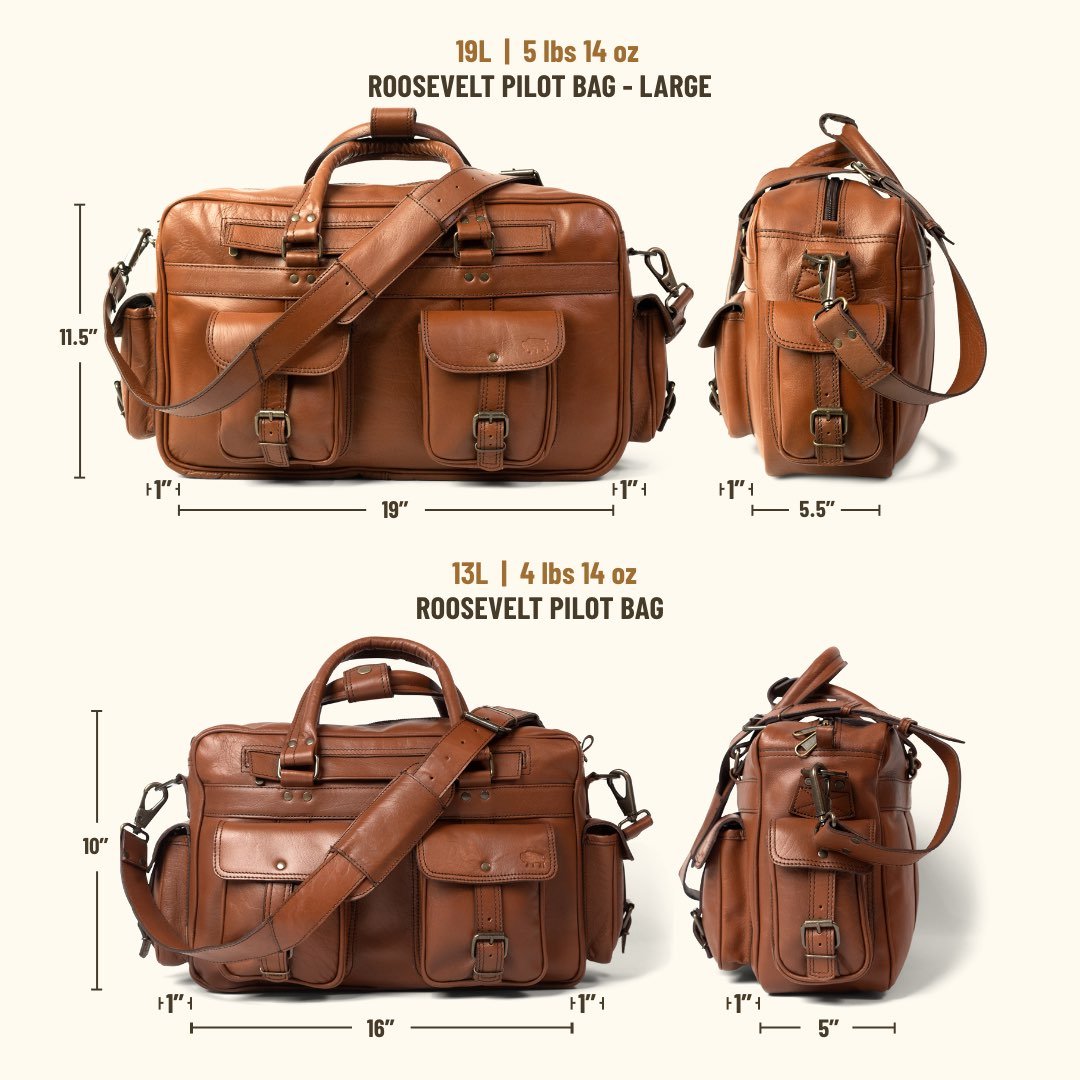 The Roosevelt Buffalo Leather Pilot Bag - Large is a full-grain water buffalo leather bag built for travel, work, and everyday carry.
Exterior dimensions: 19 inches long, 5.5 inches wide, 11.5 inches high. Laptop sleeve dimensions: 15.5 inches long, 8.5 inches wide. Laptop compatibility: fits most 17-inch laptops. Shoulder strap length: 61 inches fully extended, 49 inches at shortest setting. Exterior pocket depth: 1 inch. Total weight: 5 pounds 14 ounces (5.88 lbs / 2.67 kg). Material: full-grain water bu