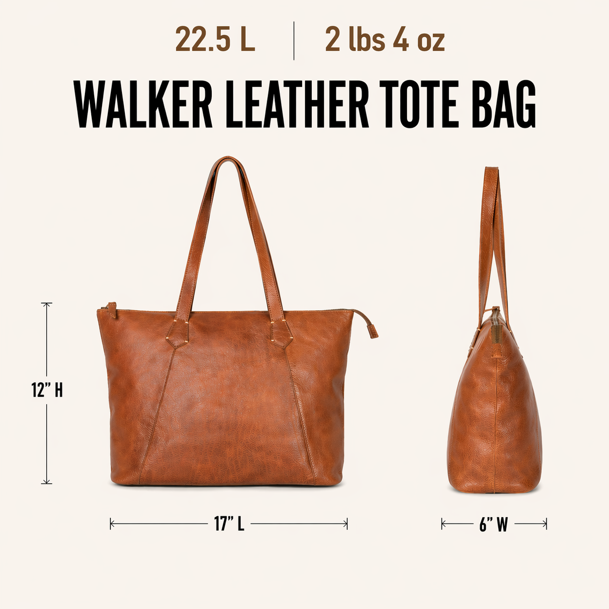 Brown leather tote bag with measurements on a white background