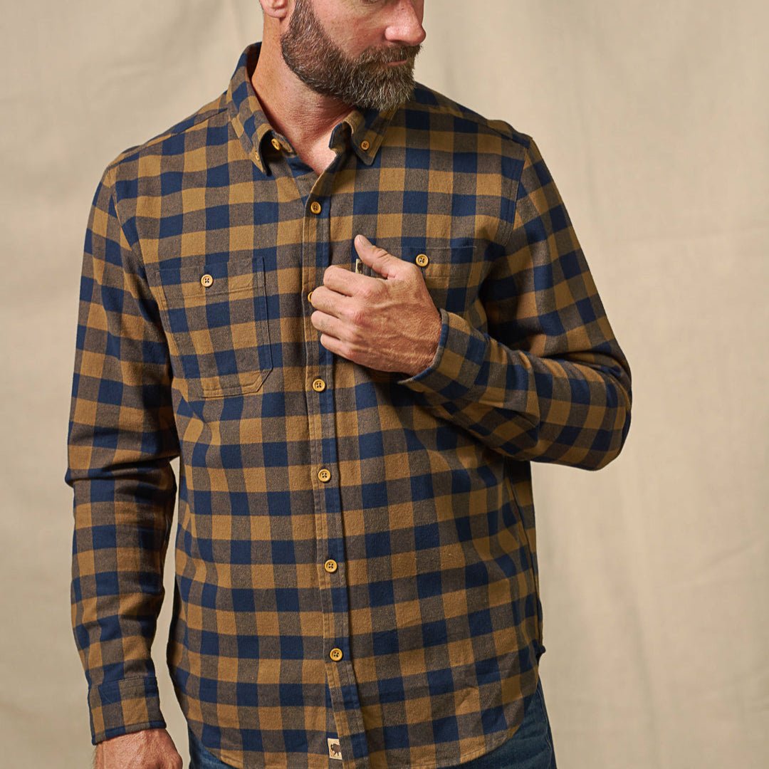 Fabric texture close-up of Waxhaw Buffalo Plaid Flannel Shirt Navy and Brown showing brushed softness and midweight weave