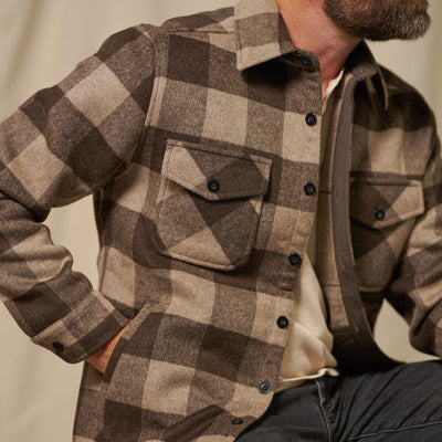 Close-up of side-open and chest flap pockets on Yukon Wool Shirt Jac Buffalo Check showing functional utility design