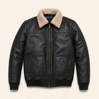 Buffalo Jackson Maverick black leather bomber jacket, full front flat lay showing zip closure and ribbed cuffs and waistband