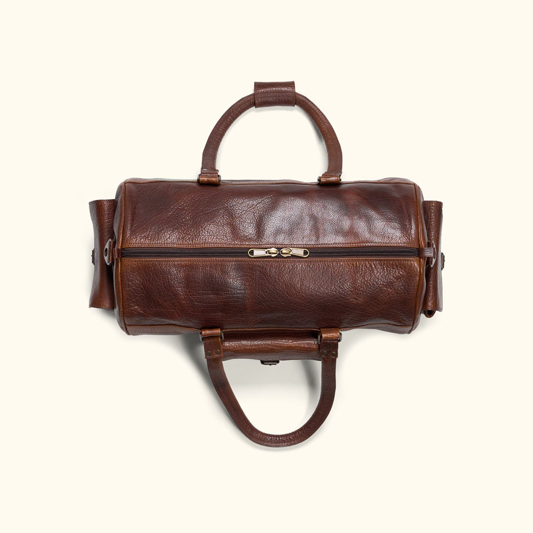 YKK Zipper - Top View - Buffalo Grain Bag with All Leather Carry Handles and Snap Button Closure - for Men's Duffle Bag