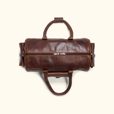 YKK Zipper - Top View - Buffalo Grain Bag with All Leather Carry Handles and Snap Button Closure - for Men's Duffle Bag