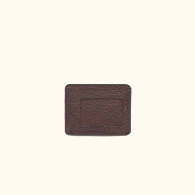 Dark brown slim full-grain buffalo leather wallet for men with photo ID window and three credit card slots