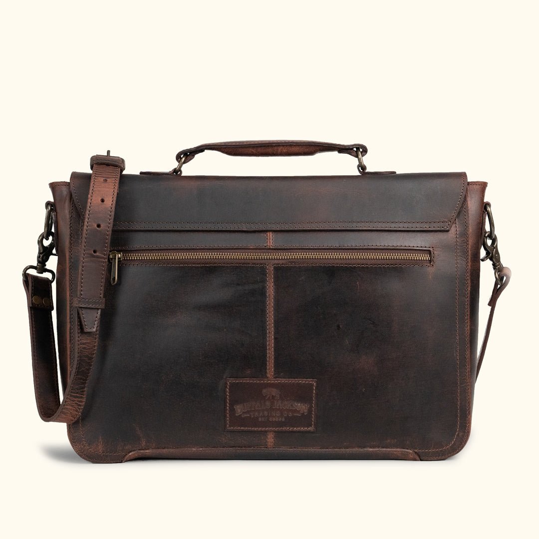 Roosevelt Leather Messenger Bag rear view — secure back zipper pocket in full-grain Dark Oak water buffalo leather