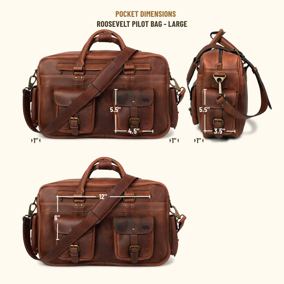 Pocket Sizing for Roosevelt Buffalo Leather Pilot Bag - Large | Dark Oak