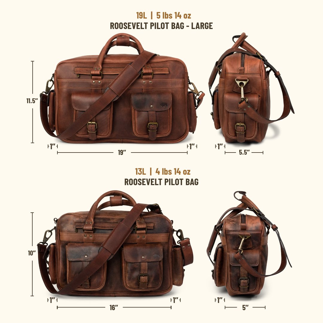 The Roosevelt Buffalo Leather Pilot Bag - Large is a full-grain water buffalo leather bag built for travel, work, and everyday carry.
Specifications
Exterior dimensions: 19 inches long, 5.5 inches wide, 11.5 inches high. Laptop sleeve dimensions: 15.5 inches long, 8.5 inches wide. Laptop compatibility: fits most 17-inch laptops. Shoulder strap length: 61 inches fully extended, 49 inches at shortest setting. Exterior pocket depth: 1 inch. Total weight: 5 pounds 14 ounces (5.88 lbs / 2.67 kg). Material: ful