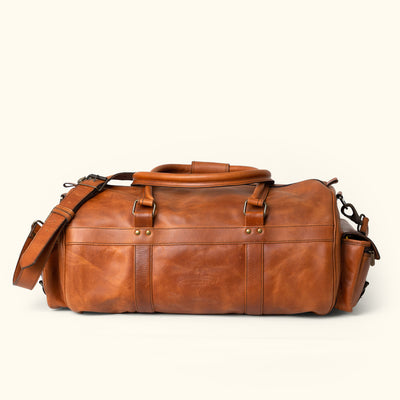Tough Full Grain Leather Duffle Bag: Autumn Brown, robust, practical, spacious main compartment, multiple pockets, reinforced stitching, perfect for heavy-duty use and long journeys.