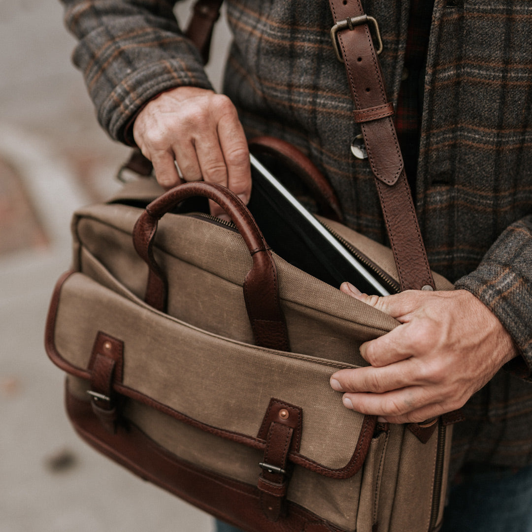 Vintage Waxed Canvas Leather Briefcase bag hover