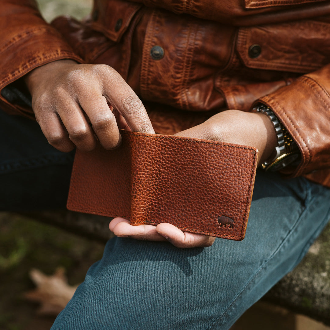 Rugged bison leather wallet hover