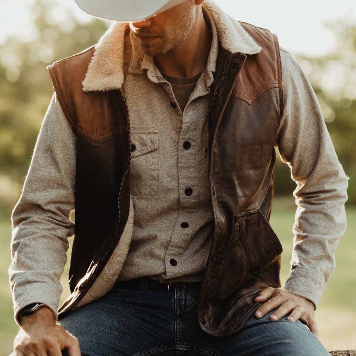 Mens Western Leather Vest - Leather and Sherpa