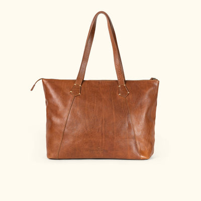 Walker rustic tan leather tote bag, front view with both handles upright