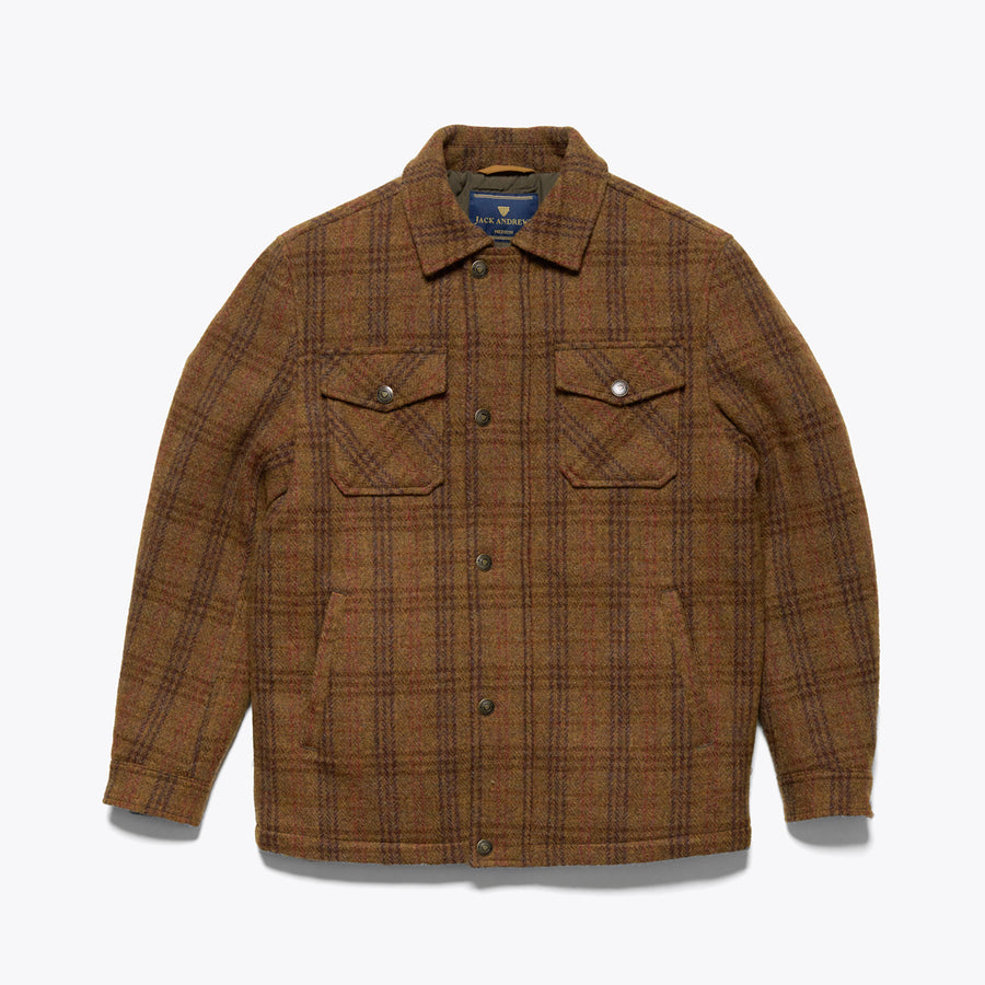 A brown checkered wool jacket with a quilted polyester lining, featuring snap-button front chest pockets and a dual zipper and button-snap closure.