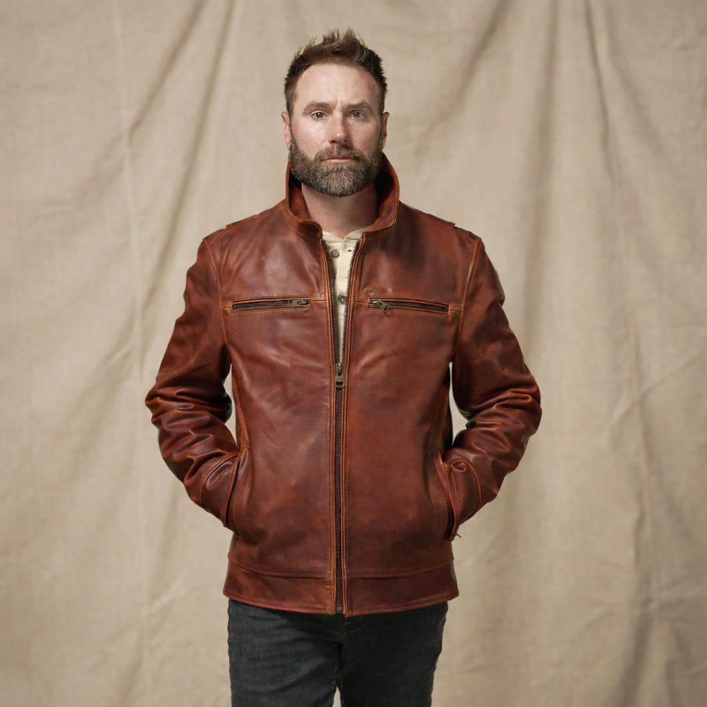 Motorcycle Leather Driving Jacket - Brown Cow Leather Full Grain