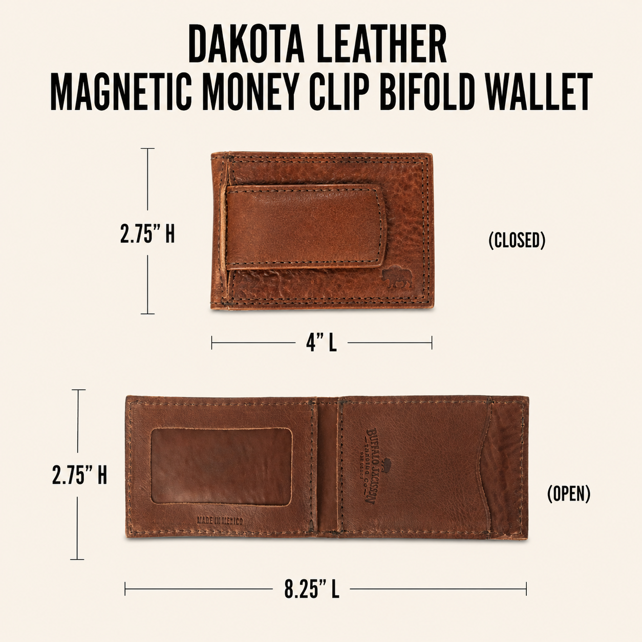 Dakota Leather Magnetic Money Clip Bifold Wallet | Chestnut Brown