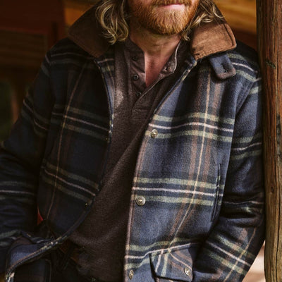 Men's Corduroy Collar Navy Plaid Jacket in Wool