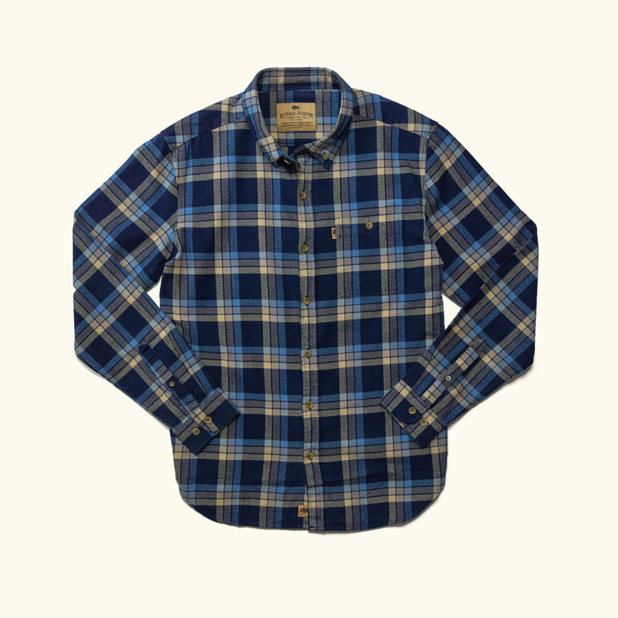 Buffalo Jackson Fairbanks Flannel shirt chest pocket close-up with carpenter pencil slot and stout buttons in navy lake plaid