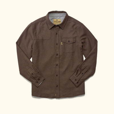 Gunnison wool-blend solid flannel shirt brown front view – heavy solid brown flannel with engraved wooden buttons and chest pocket