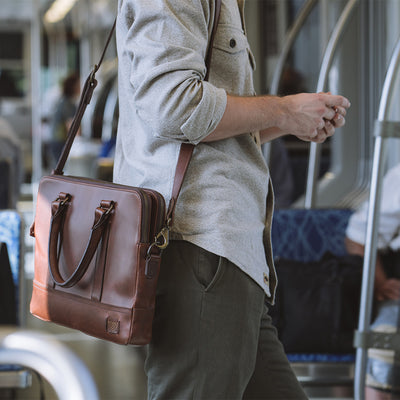 Slim brown leather attaché briefcase from the limited Jack Andrews Collection by Buffalo Jackson.