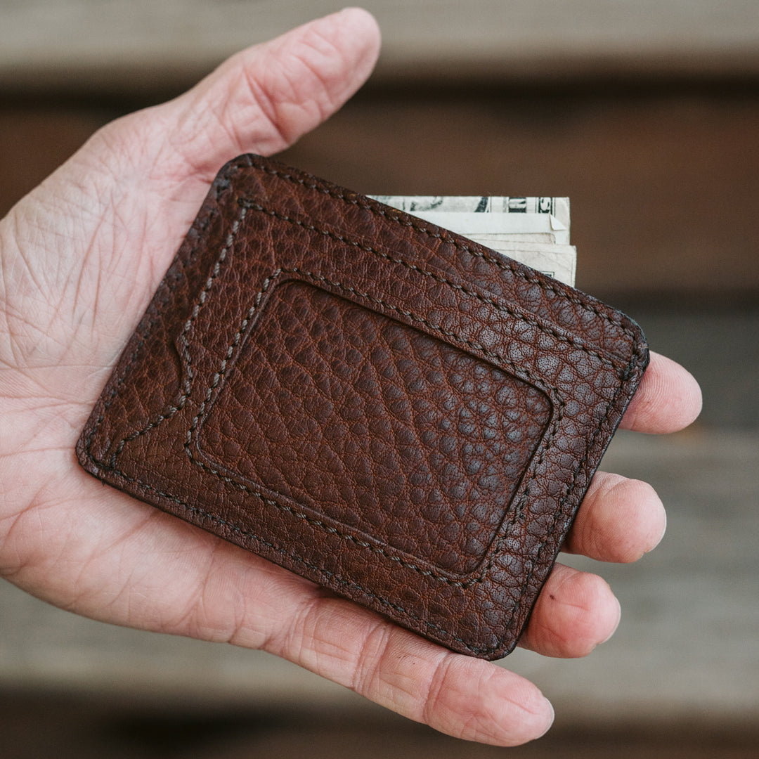 Reverse side of Roosevelt buffalo leather wallet with clear photo ID window for driver's license access