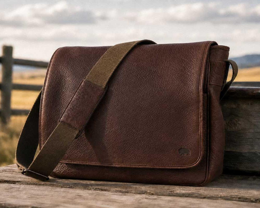 Roosevelt Buffalo Leather Messenger Bag — waxed canvas lining and full-grain Buffalo Grain leather detail