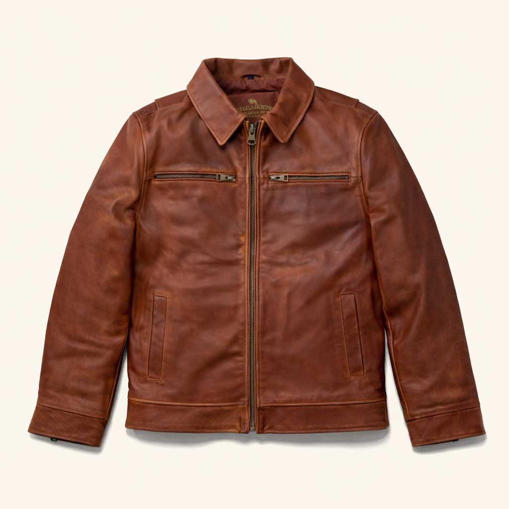 Oil Tanned, Cow Leather, Full Leather Brown with Zippered Sleeves, Tapered, and Chest Pocket Zippers
