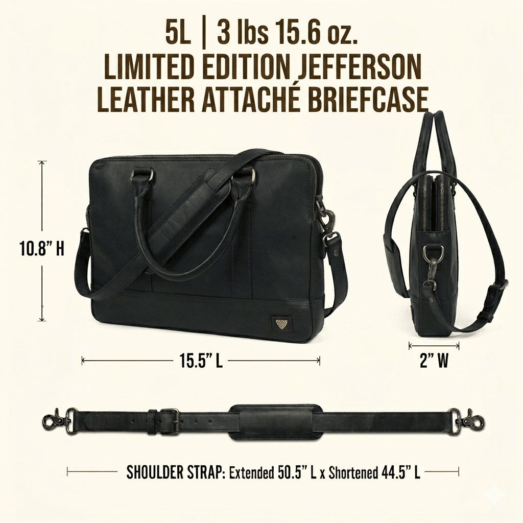 Limited Edition Jefferson Leather Attaché Briefcase dimensions: 15.5 in L x 10.8 in H x 2 in W, 5L, 3 lbs 15.6 oz, with an adjustable shoulder strap from 44.5 to 50.5 in