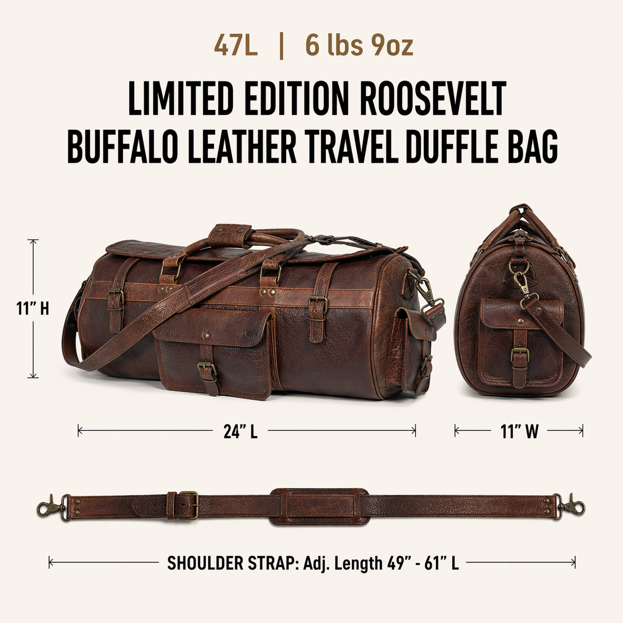 Limited Edition Roosevelt Buffalo Leather Travel Duffle Bag | Buffalo Grain