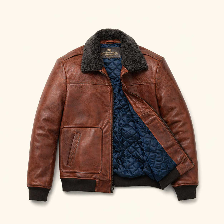 Limited Maverick Leather Bomber Jacket in Buffalo Grain Brown, full grain water buffalo leather men's bomber jacket with detachable sherpa collar, front view.