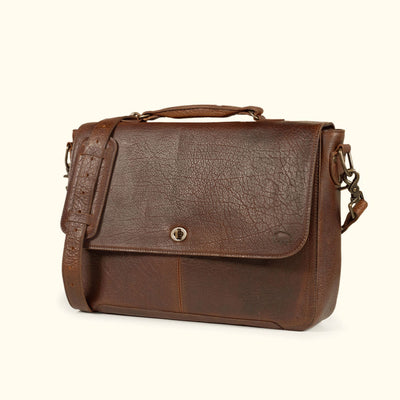 Roosevelt Leather Laptop Messenger Bag in Buffalo Grain brown — full-grain leather flap with turn-lock closure and adjustable strap