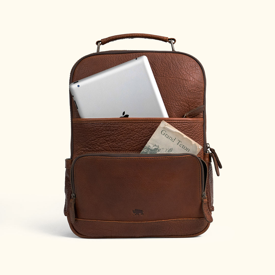 Multiple Pockets - Vintage Rugged Full Grain All Leather Commuter Backpack