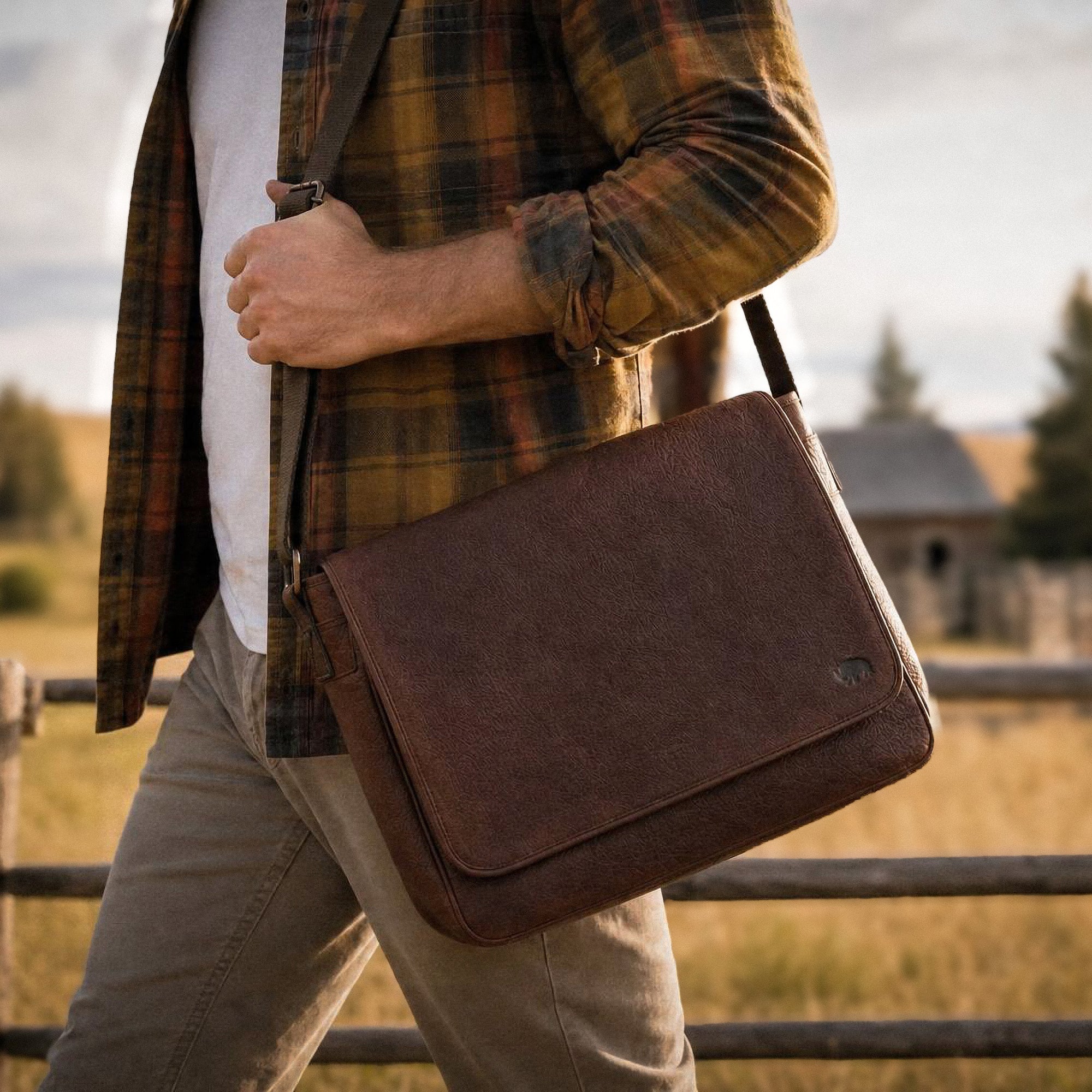 A brown full grain leather messenger bag with a structured body and a shoulder strap.