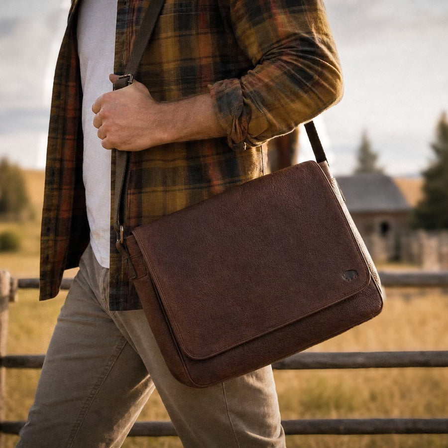 A brown full grain leather messenger bag with a structured body and a shoulder strap.