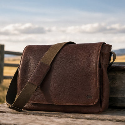 Brown leather messenger bag on a wooden surface with a scenic background