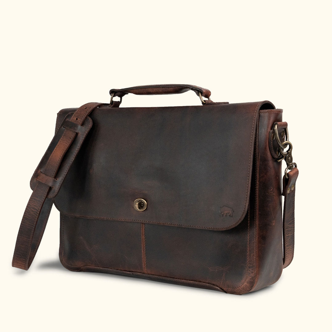 Roosevelt Leather Messenger Bag Dark Oak — full-grain water buffalo leather, crossbody strap, thick nylon stitching